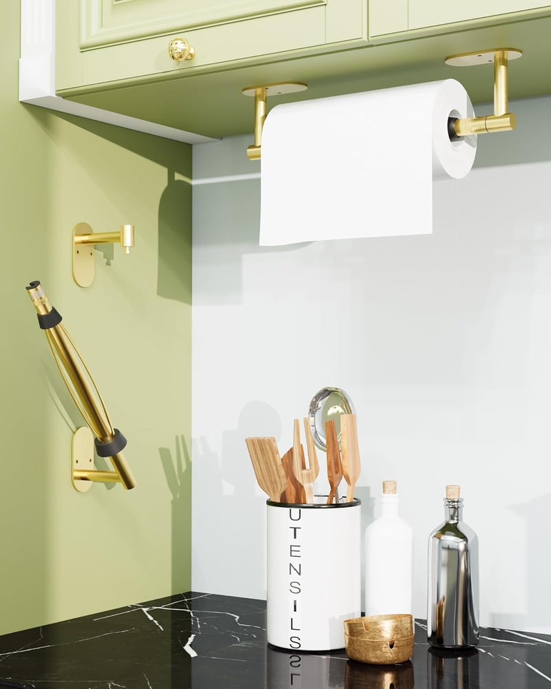 BATHDANCE Paper Towel Holder Under Cabinet, Single Hand Operable Roll Holder with Damping Effect,No Drilling or Wall Mounted SUS304 Stainless Steel for Kitchen Bathroom (Brushed Gold) - Image 4